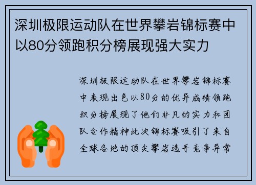 深圳极限运动队在世界攀岩锦标赛中以80分领跑积分榜展现强大实力